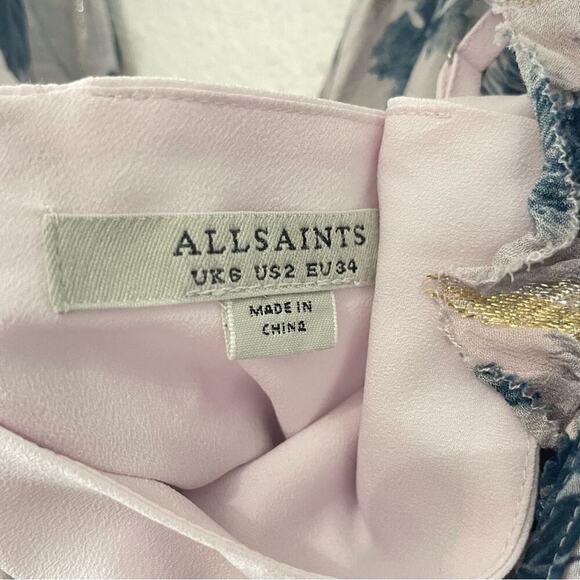 ALLSAINTS Caylan Harris floral mini dress size 2 sleeveless TK Neck ruffled - Picture 6 of 16